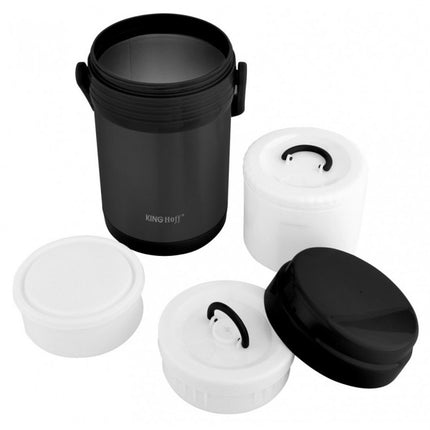 Kinghoff KH-1396 Etensthermos - Roestvrijstalen 3-delige Lunchset 1,5L - Zwart - Dubbelwandig, Lichtgewicht & Onbreekbaar
