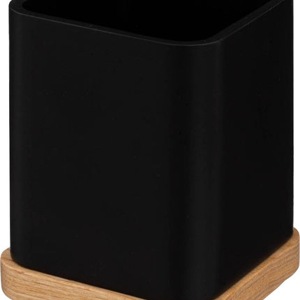 5Five tandenborstelhouder/organizer - zwart - 10 x 8 cm - bamboe - vierkant - tandenborstel beker