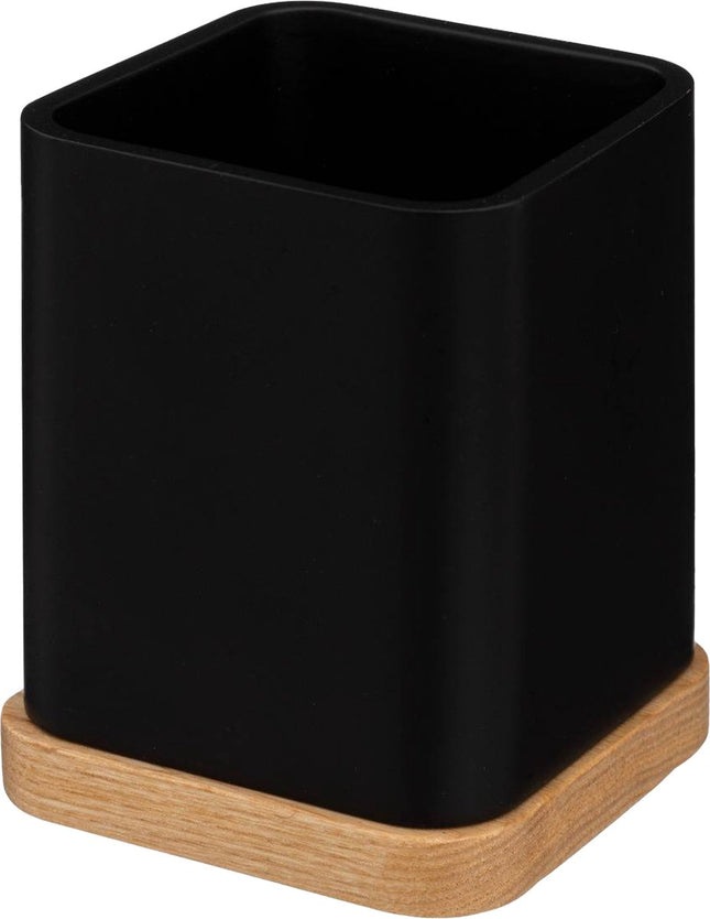 5Five tandenborstelhouder/organizer - zwart - 10 x 8 cm - bamboe - vierkant - tandenborstel beker
