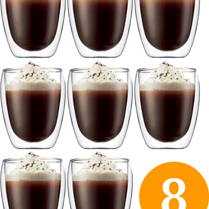 Set van 8 dubbelwandige/thermische koffietassen/thee/glas 250ml