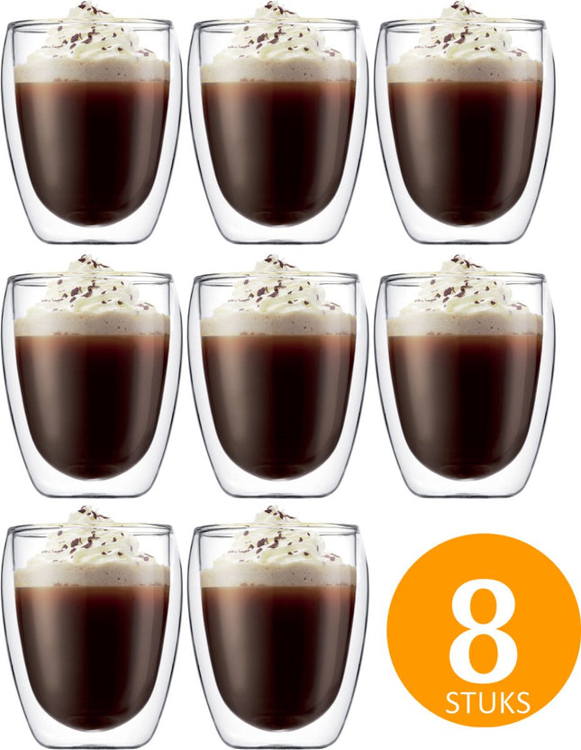 Set van 8 dubbelwandige/thermische koffietassen/thee/glas 250ml