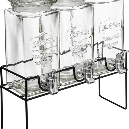Set van 3x stuks glazen drank dispensers 1,5 liter in houder met metalen kraantje - Sapdispenser - Drankdispenser
