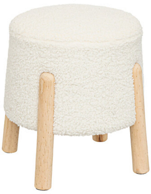 Inuit Witte Bouclé Poef Krukje - Bijzettafel met Houten Poten - 41,5 cm - Krukje - Poef - Nep wol