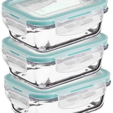 5Five Vershoudbakje met deksel - 3x - glas - luchtdicht - met clips - 14 x 10 x 5 cm - 330 ml