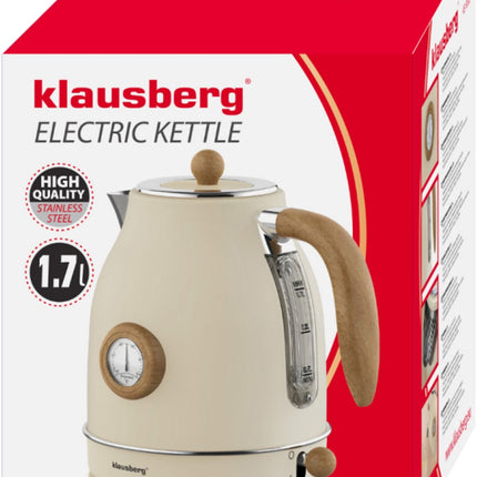 Klausberg KB-9006 Waterkoker 1.7 Liter Retro Design - Analoge Thermometer - 2200W - Ronddraaiende Basis 360° - Roestvrijstaal 304