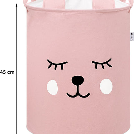 Roze Speelgoedopbergmand met Teddy Beer Gezicht - Katoenen Opbergbox met Trekkoord - Kinderwasmand - 43 Liter - 35x35x45 cm - Sipo - Speelgoedmand