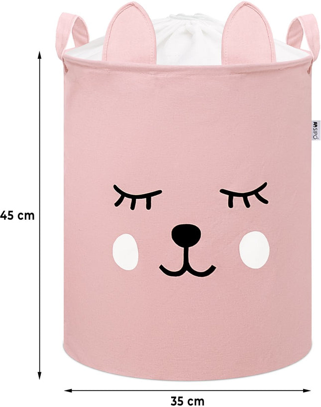 Roze Speelgoedopbergmand met Teddy Beer Gezicht - Katoenen Opbergbox met Trekkoord - Kinderwasmand - 43 Liter - 35x35x45 cm - Sipo - Speelgoedmand