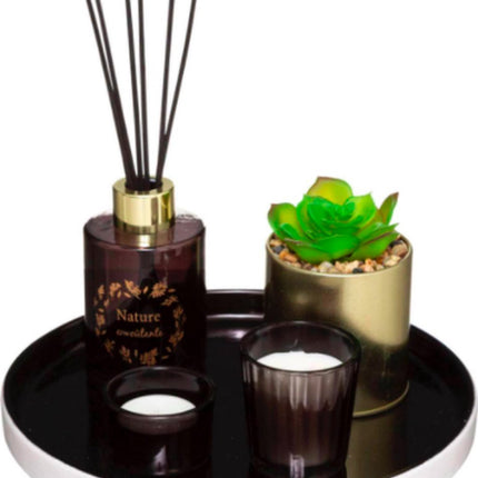 Plateau giftset 5-delig geur, plantje en 2 waxinelichtjes | Geurstokjes | Kleur mix van grijs, wit en goud