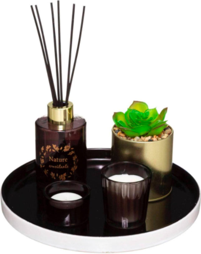 Plateau giftset 5-delig geur, plantje en 2 waxinelichtjes | Geurstokjes | Kleur mix van grijs, wit en goud