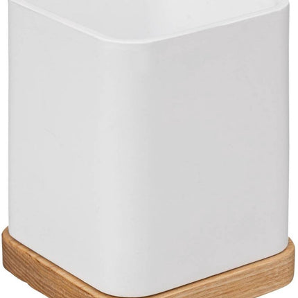 5Five tandenborstelhouder/organizer - wit - 10 x 8 cm - bamboe - vierkant - tandenborstel beker