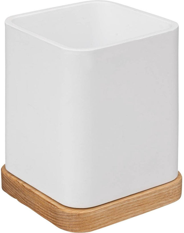 5Five tandenborstelhouder/organizer - wit - 10 x 8 cm - bamboe - vierkant - tandenborstel beker