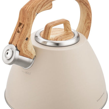 KLAUSBERG KB-7954 Fluitketel 2,5 L – waterkoker- Beige Mat – Houtlook Handgreep – RVS – Soft-Touch – Inductie