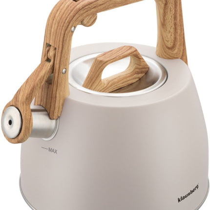 Klausberg 7917 - Fluitketel met fluit - 2.5 liter - RVS - beige - houten handvat