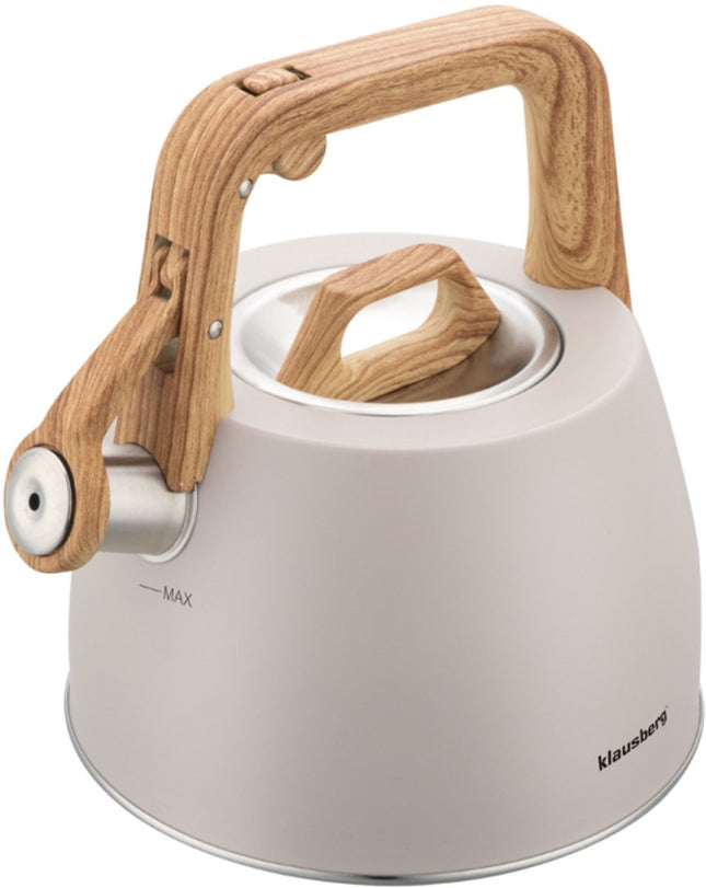 Klausberg 7917 - Fluitketel met fluit - 2.5 liter - RVS - beige - houten handvat