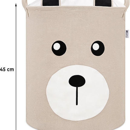 Beige Speelgoedopbergmand met Teddy Beer Gezicht - Katoenen Opbergbox - Kinderwasmand met Trekkoord - 43 Liter - 35x35x45 cm - Speelgoedmand - Sipo