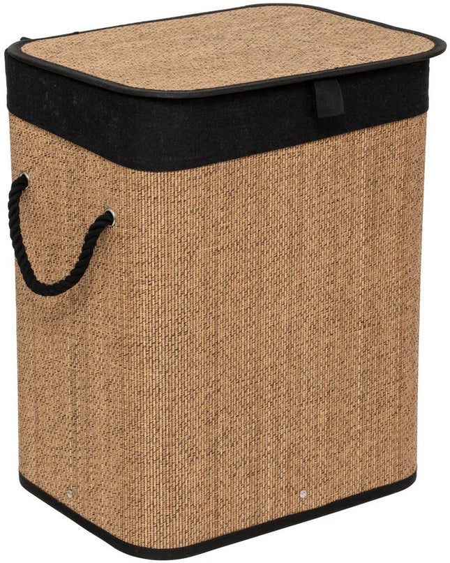 5Five Wasmand met deksel - bamboe hout - 60 Liter- naturel zwart - 41 x 30 x 50 cm