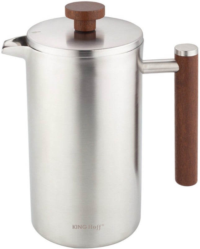 KINGHoff French Press 1 Liter – RVS 304 – Dubbelwandig – Houten Handgreep – Luxe Koffie & Thee Zetter – KH-1995