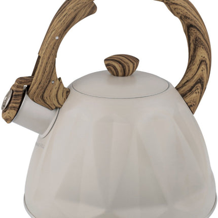 KINGHoff Fluitketel 2 Liter – RVS – Inductie Geschikt – Crème Beige met Houtlook Handgreep – Diamantstructuur – KH-1998