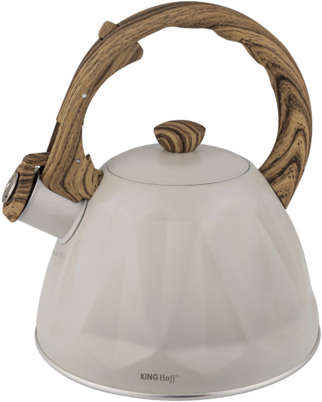 KINGHoff Fluitketel 2 Liter – RVS – Inductie Geschikt – Crème Beige met Houtlook Handgreep – Diamantstructuur – KH-1998