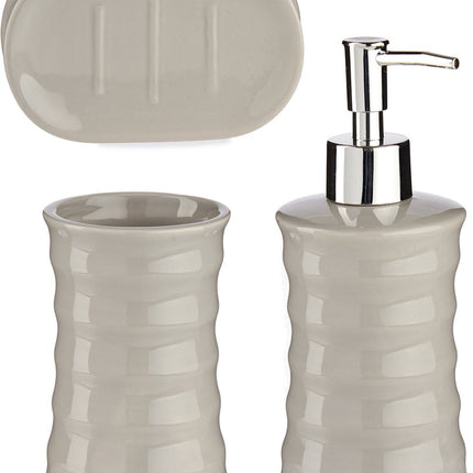 Badkamer accessoires set met strepen 3-delig kiezel grijs van keramiek - Schaaltje - Zeeppompje - Beker