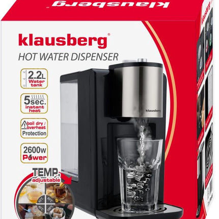 Klausberg KB7878 Hot Water Dispenser – 2,2 Liter – Temperatuurregeling (45-100°C) – Zwart & RVS – 2600W - Heetwaterdispenser