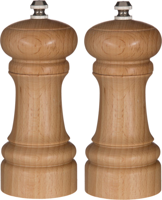 5Five Pepermolen/zoutmolen hout beige 14 cm - Set van 2x stuks - kruidenmolen - specerijenmolen - keukenkruidmolen