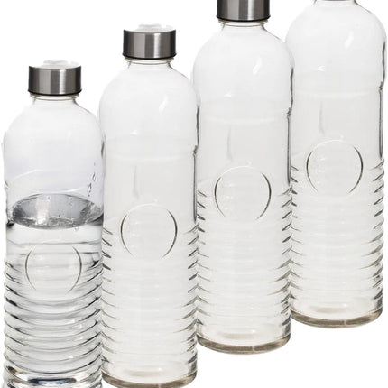 5Five Waterfles - 4x -1 liter - gehard ribbel glas - D8 x H29 cm - drinkfles - Glazen drink flessen