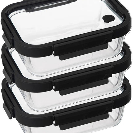 5Five Vershoudbakje met deksel - 3x - glas - luchtdicht - met clips - 21 x 17 x 7 cm - 900 ml - zwart/transparant