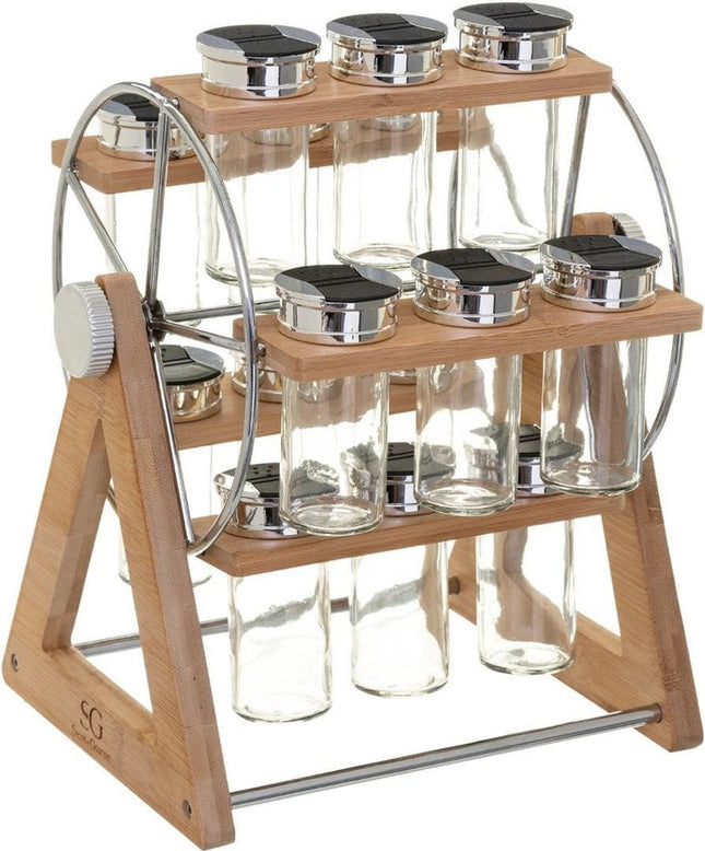 Groot kruidenrek carrousel/draaiwiel met 15 kruidenpotjes 35 cm van bamboe - Keukenkruiden potjes - Kruiden bewaren