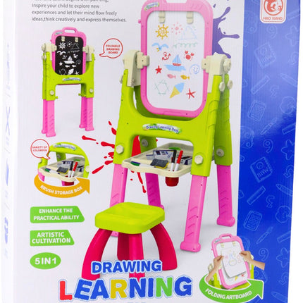 Leerbord 5-in-1 met Stoel - Tekentafel voor Kinderen met Whiteboard & Schoolbord - Verstelbaar Schrijfbord met Opbergvak - Educatief Speelgoed voor Tekenen en Schrijven - Inclusief Kruk - Stoel