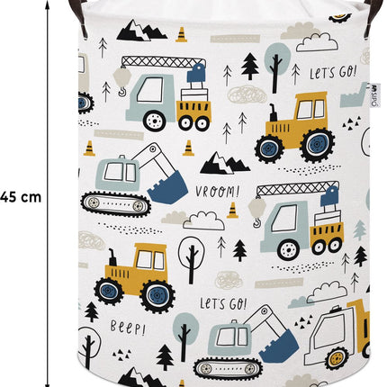 Graafmachine Speelgoedopbergmand - Katoenen Opbergbox met Trekkoord - Constructie Voertuigen Print - 43 Liter - 35x35x45 cm - Sipo - Kledingmand - Wasmand - Takelwagen