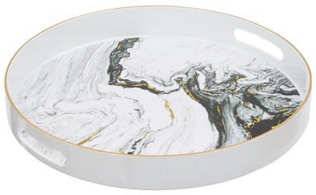Rond Dienblad Wit Marmer Look - 33 cm - Met Handvatten - Glanzend Plastic - Marmerenlook - Stenen Look - Witte Kleur - inclusief handvat
