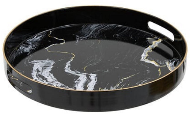 Rond Dienblad Zwart Marmer Look - 33 cm - Met Handvatten - Glanzend Plastic - Marmerenlook - Stenen Look - Zwarte Kleur - inclusief handvat
