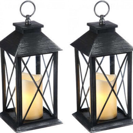 Set van 2 - Landelijke Tuinlantaarn met LED Kaars op Batterijen - Tuinverlichting / Sfeerverlichting - Zwart - Windlicht op Batterijen - Tafellamp voor Buiten met Vlameffect