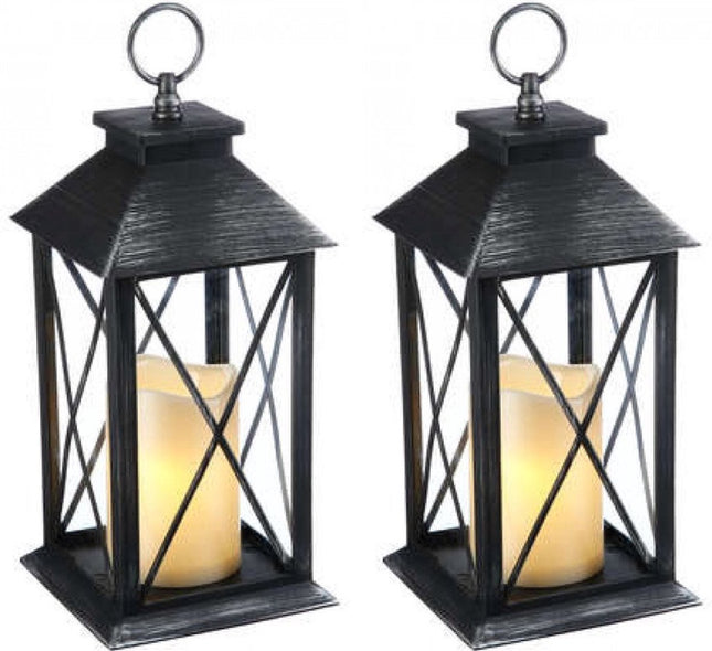 Set van 2 - Landelijke Tuinlantaarn met LED Kaars op Batterijen - Tuinverlichting / Sfeerverlichting - Zwart - Windlicht op Batterijen - Tafellamp voor Buiten met Vlameffect