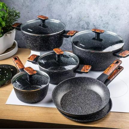 12-delige Granieten Pannenset met Marmeren Coating – Geschikt voor Inductie en Alle Warmtebronnen – Krasbestendig en Gezond Koken