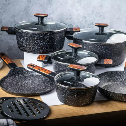 12-delige Granieten Pannenset met Marmeren Coating – Geschikt voor Inductie en Alle Warmtebronnen – Krasbestendig en Gezond Koken