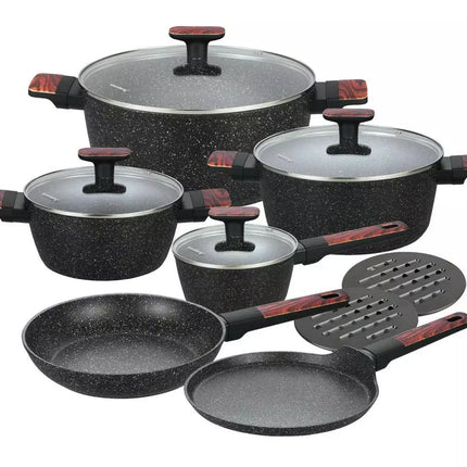 12-delige Granieten Pannenset met Marmeren Coating – Geschikt voor Inductie en Alle Warmtebronnen – Krasbestendig en Gezond Koken