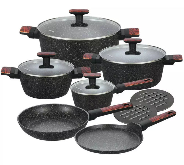 12-delige Granieten Pannenset met Marmeren Coating – Geschikt voor Inductie en Alle Warmtebronnen – Krasbestendig en Gezond Koken